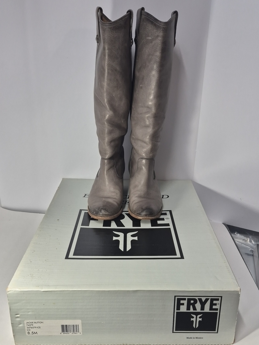 Frye Jackie Button 8.5 B Gray Ice Washed Antique Pull Up Tall Riding 76579